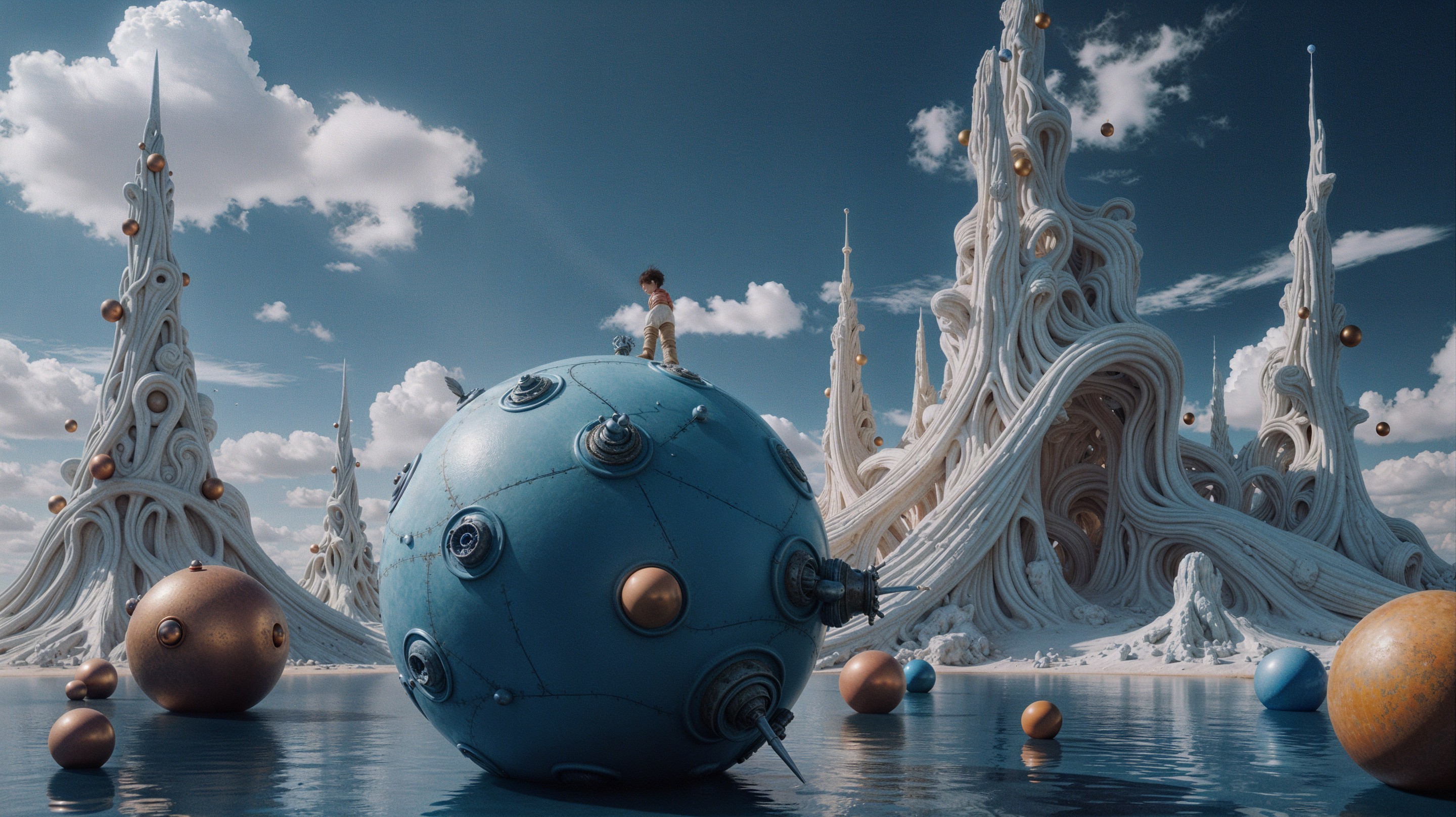 Surreal Landscape with Boy on Blue Sphere and Structures