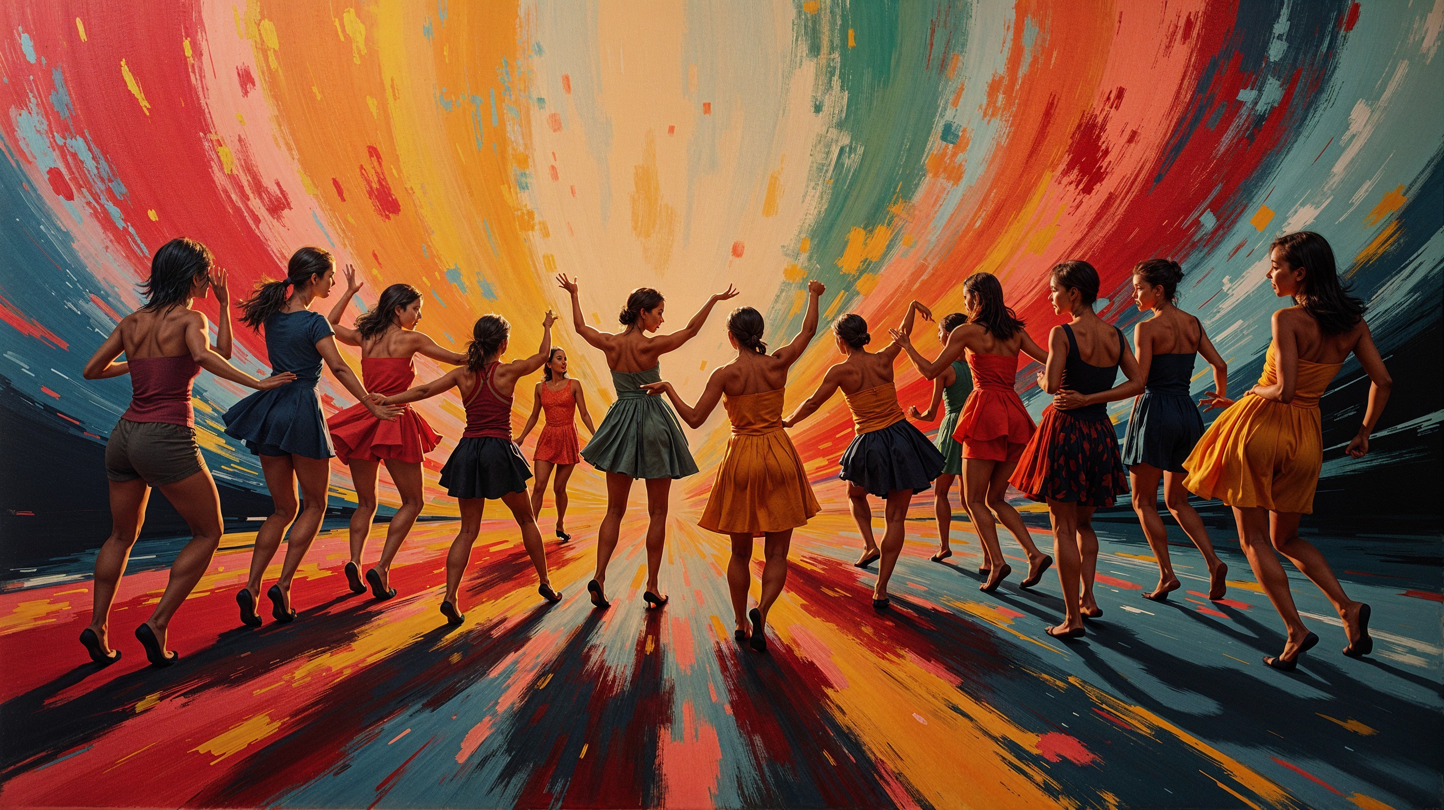 Joyful women dancing in colorful dresses with vibrant backdrop