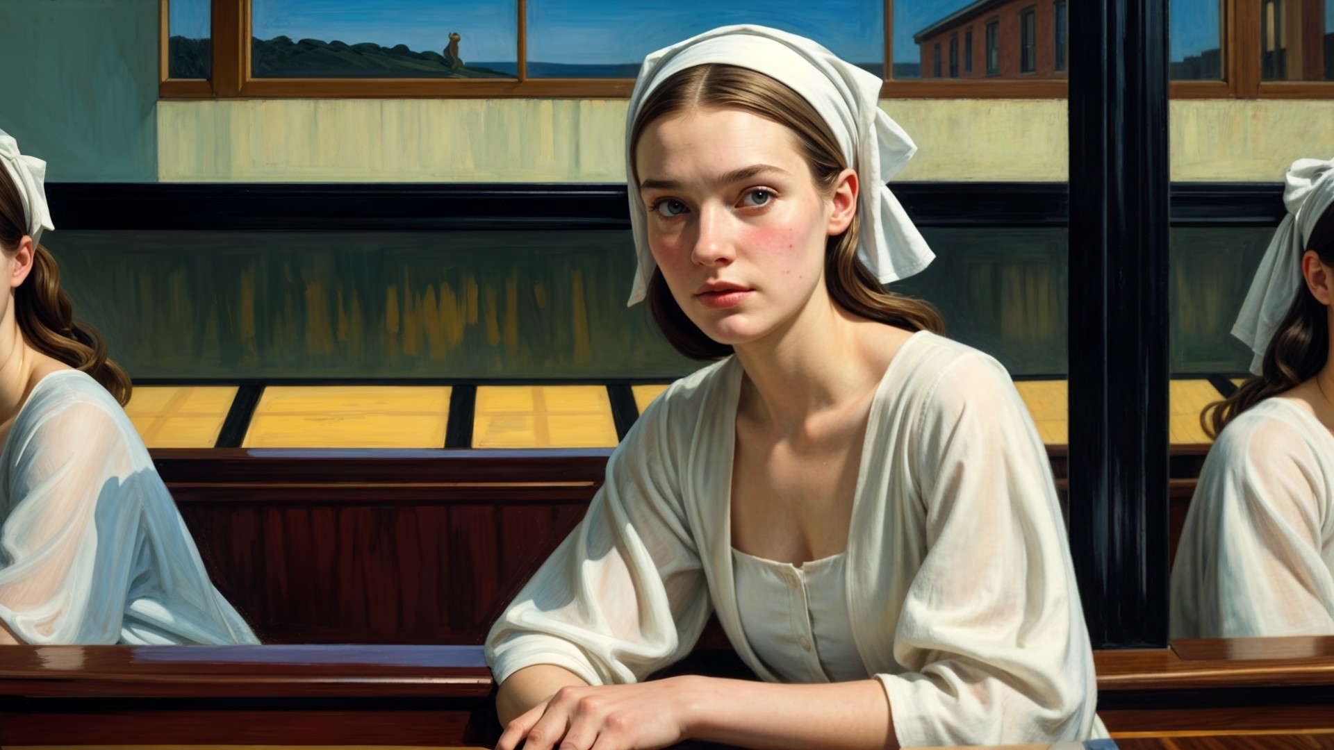 Young Woman in White Dress at Wooden Table with Reflections