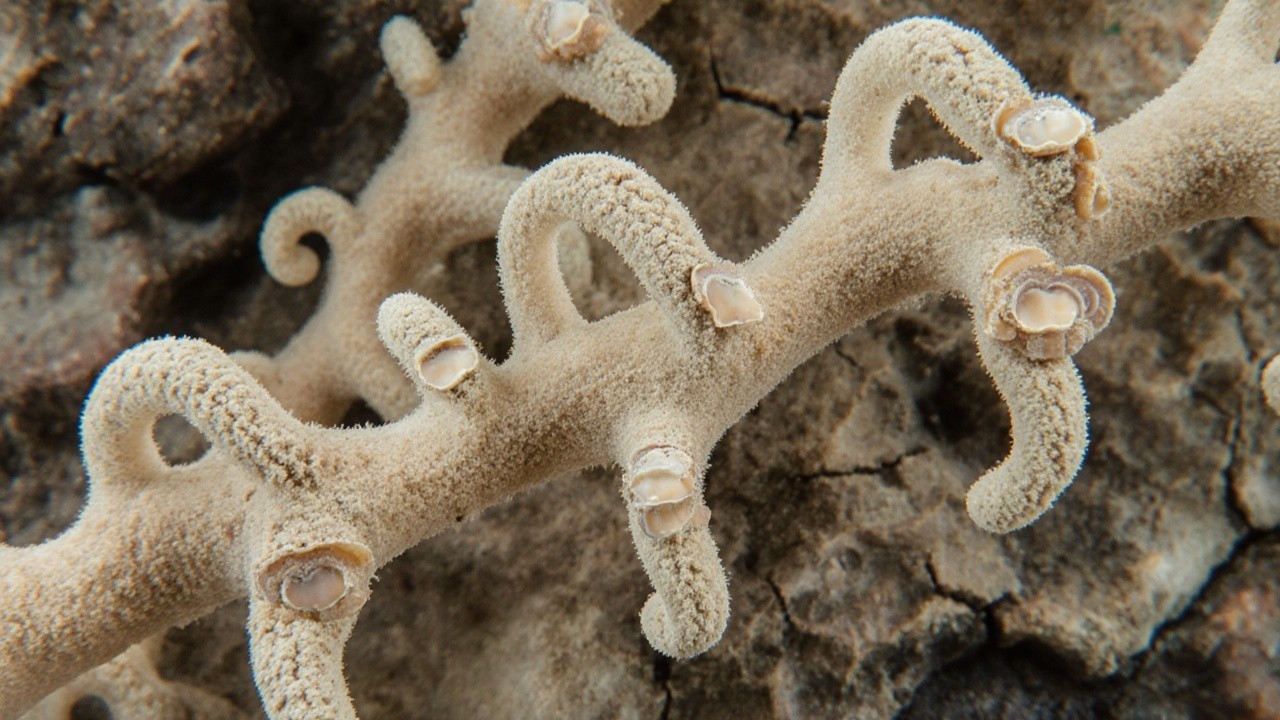 Close-Up of Intricate Coral Structure with Dark Rocks