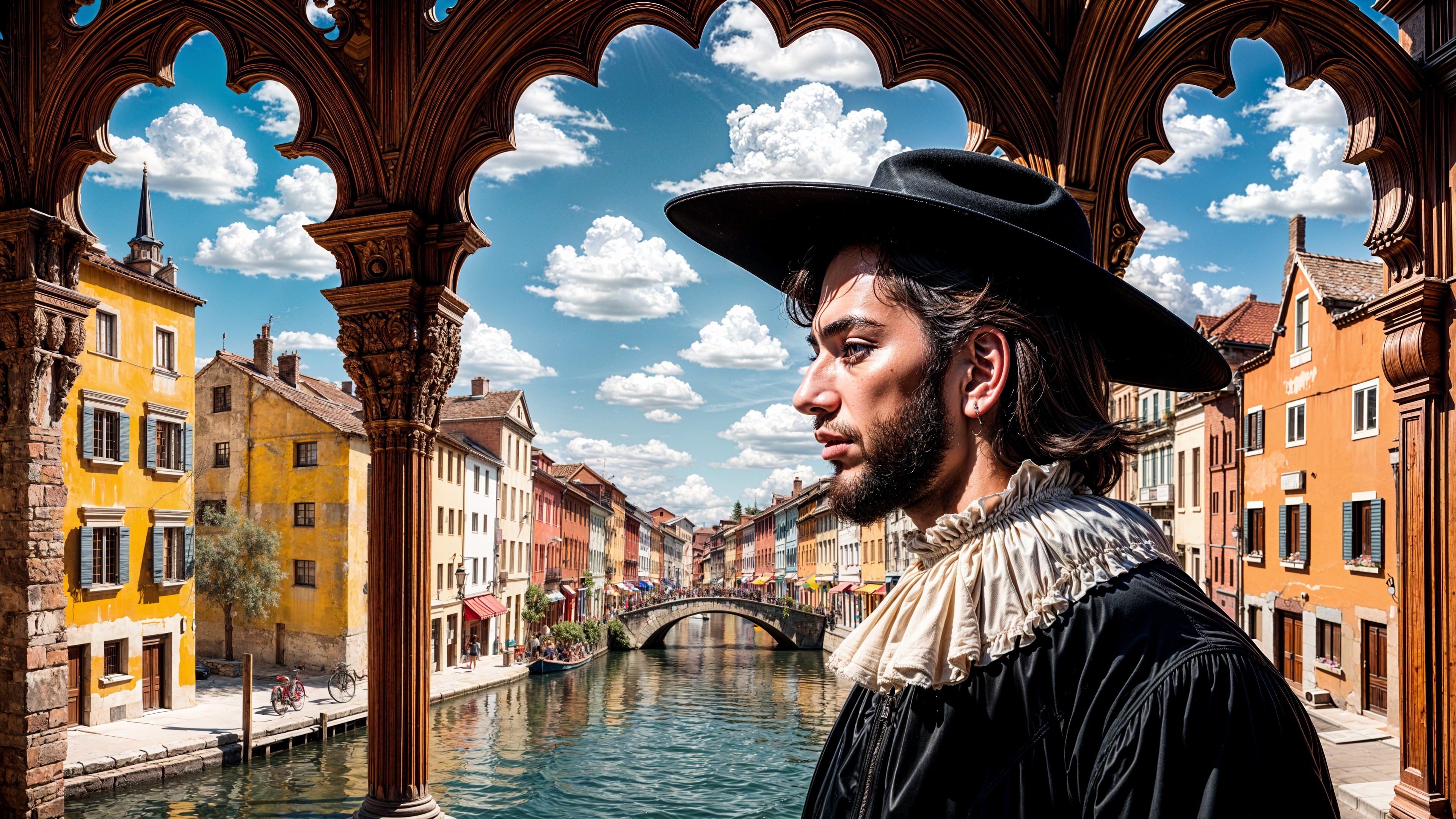 Young man in historical attire by a picturesque canal