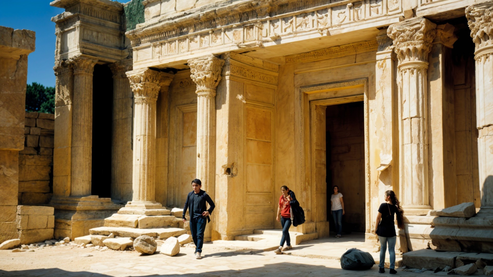 Ancient Stone Structure with Grand Columns and Carvings