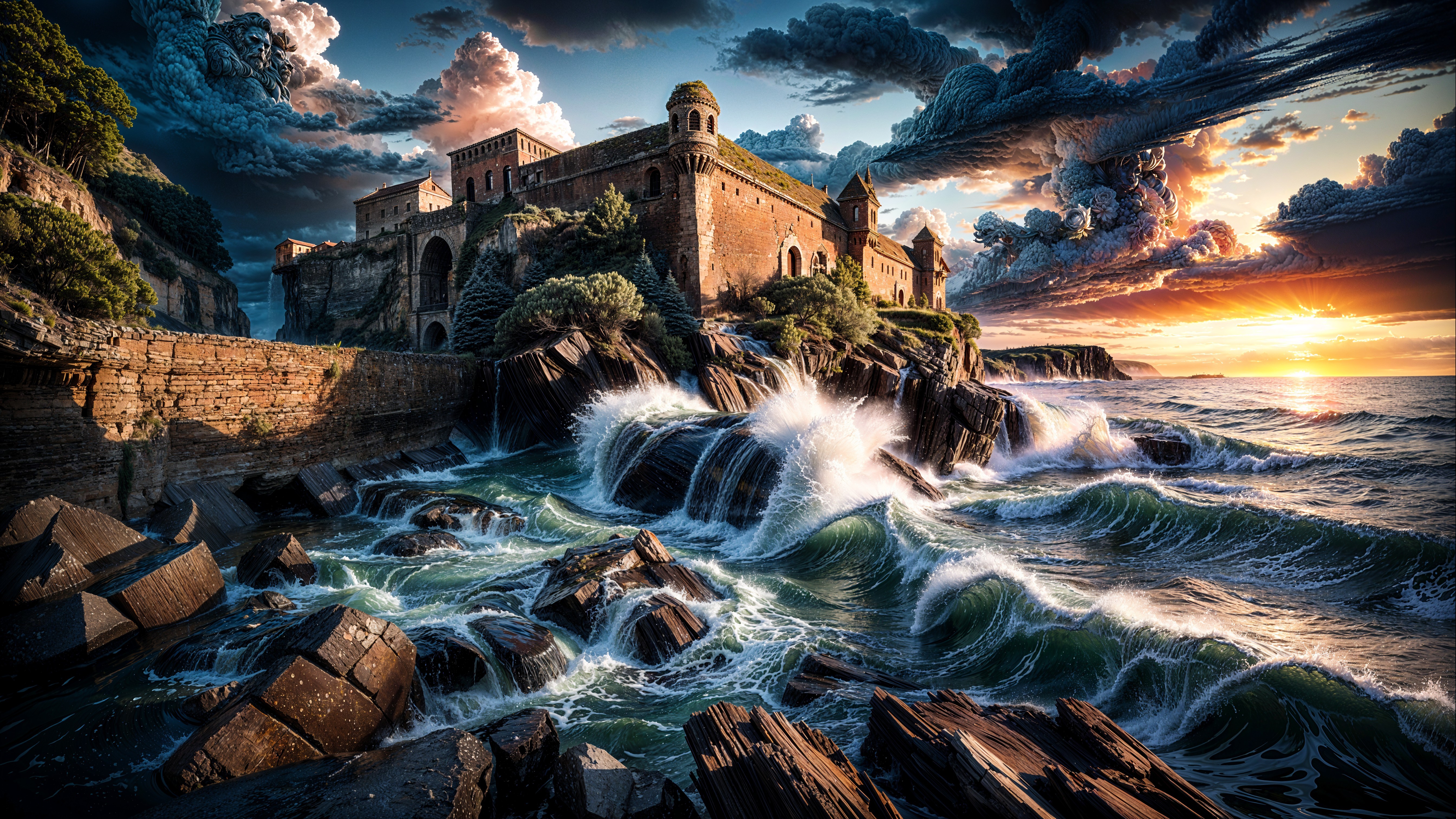 Majestic Castle on Rocky Cliffs at Sunset