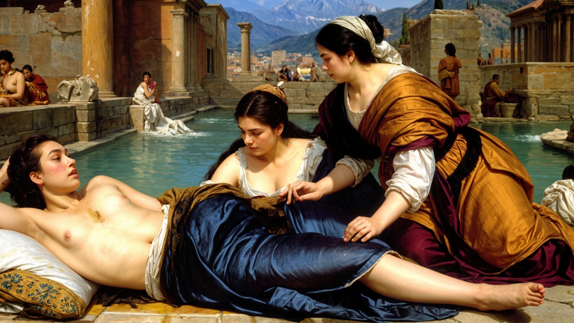 Serene scene of three women by a tranquil pool