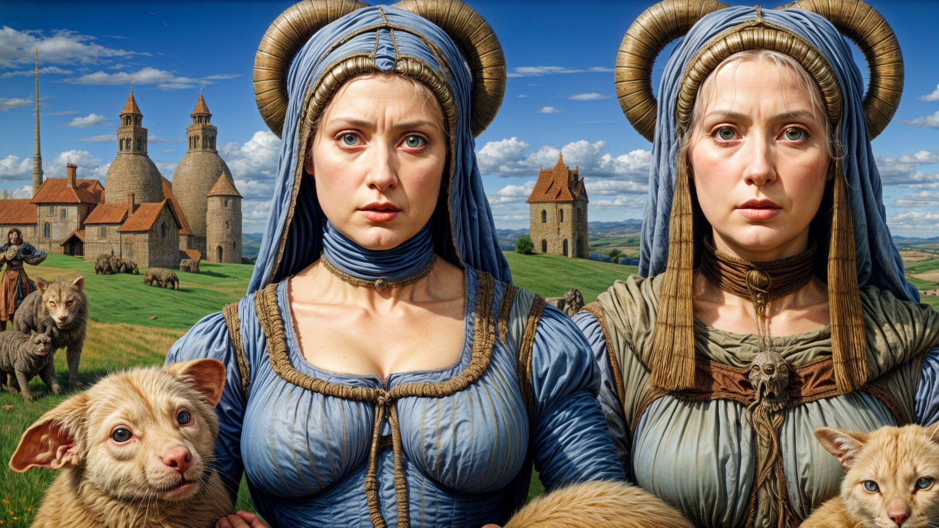Historical Attire and Horn Hairstyles in Pastoral Setting