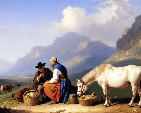 Peasants Conversing on a Hillside with a Horse