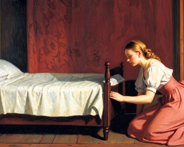 Young woman inspects bedpost in dimly lit room
