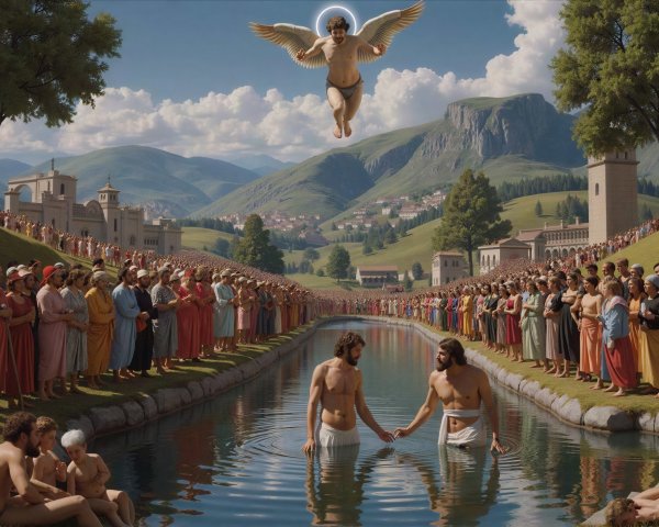 Scene of Baptism with Men in Robes by Canal