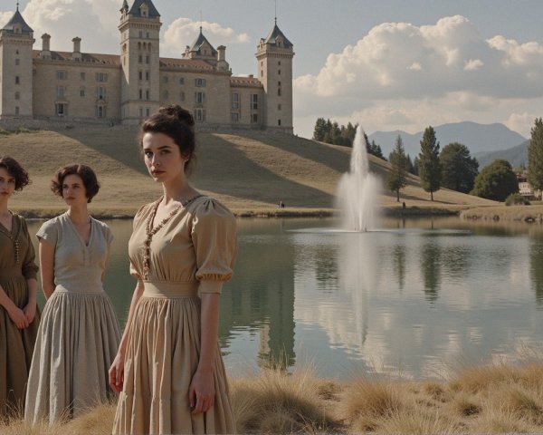 Women in vintage dresses by a serene lake and castle