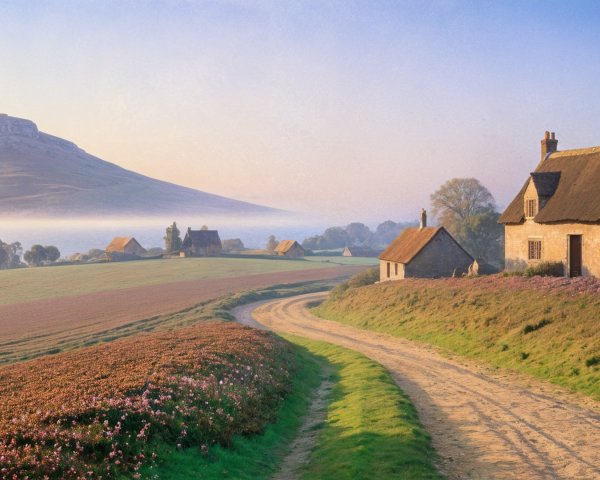 Serene Countryside Scene with Cottages and Wildflowers