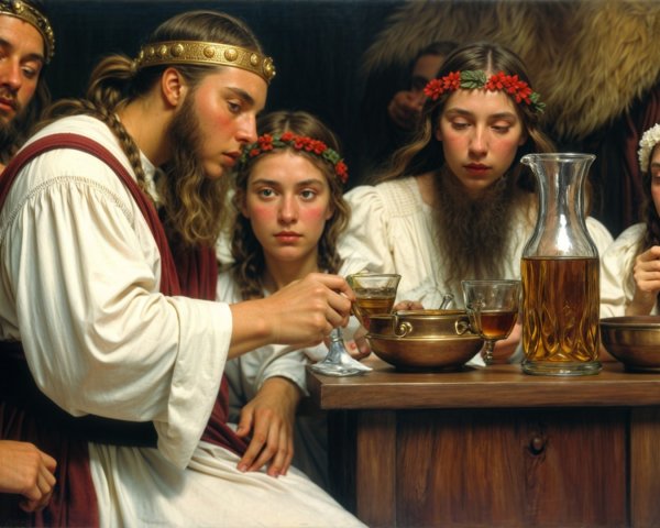 Ancient Figures Gather Around Table with Intriguing Focus