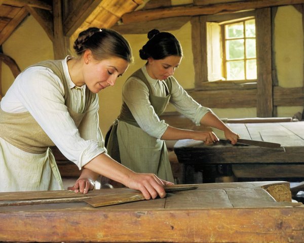 Young Women Working in Rustic Workshop with Wood