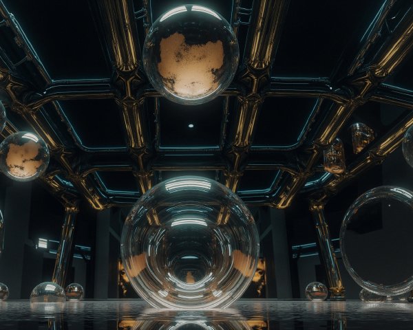 Futuristic Space with Reflective Surfaces and Orbs