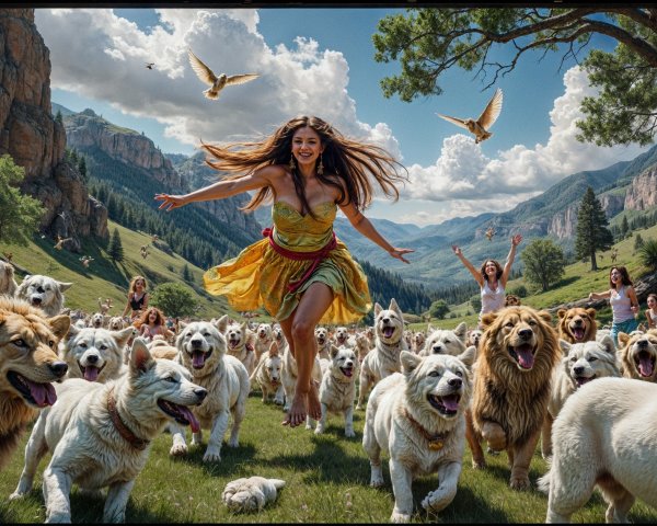 Joyful woman in yellow dress with white dogs in valley