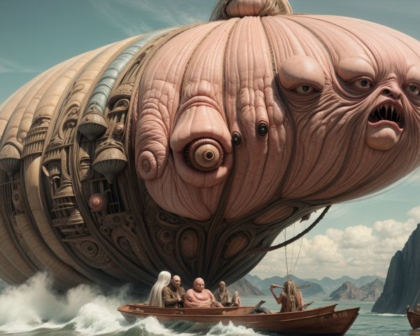 Surreal Airship with Mechanical Details Over Calm Waters