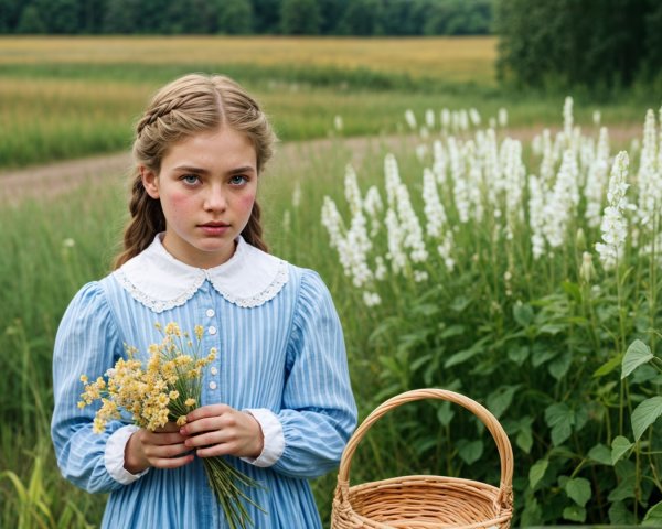 Young girl in blue dress with flowers in green field