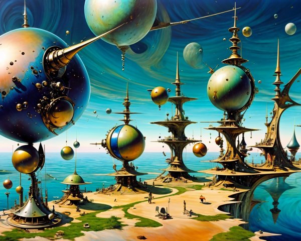 Surreal Landscape with Towering Structures and Spheres