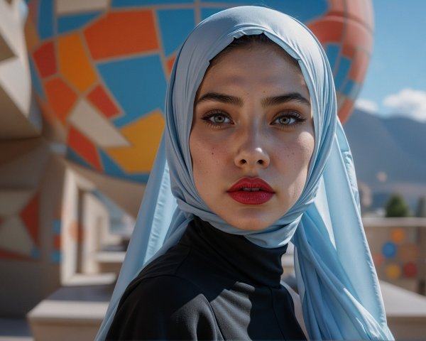 Young woman in hijab against colorful backdrop