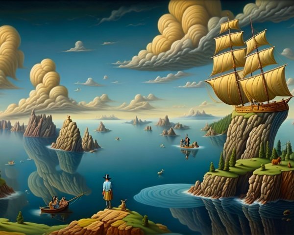Whimsical Seascape with Figure and Sailing Ship