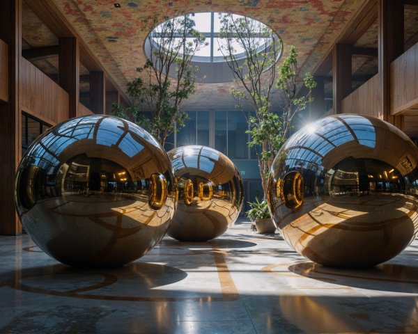 Reflective Golden Spheres in a Modern Atrium Setting