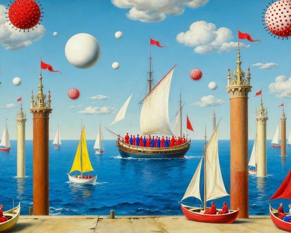 Surreal Painting of Boats and Columns on Blue Sea