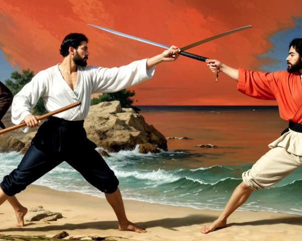Warriors Duel on Beach at Sunset with Dramatic Clouds