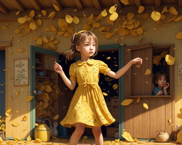 Young girl in yellow dress dances among autumn leaves