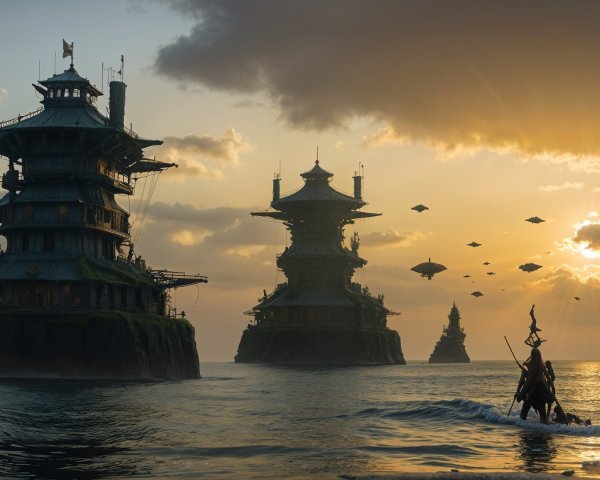Tranquil Seascape at Sunset with Ornate Towers
