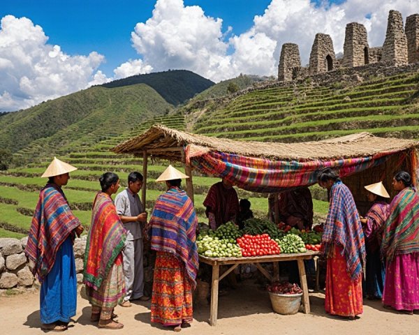 Vibrant Market Scene with Locals and Fresh Vegetables