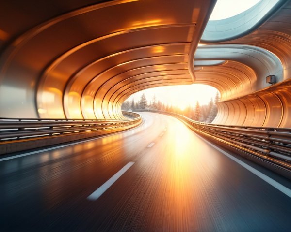 Futuristic highway in a sleek metallic tunnel setting