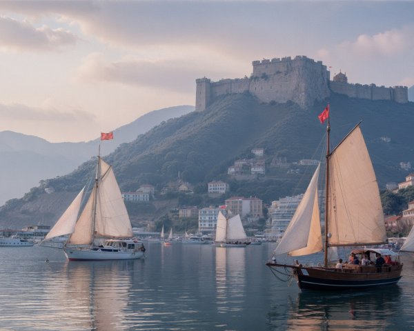 Coastal Scene with Sailboats and Castle at Sunset