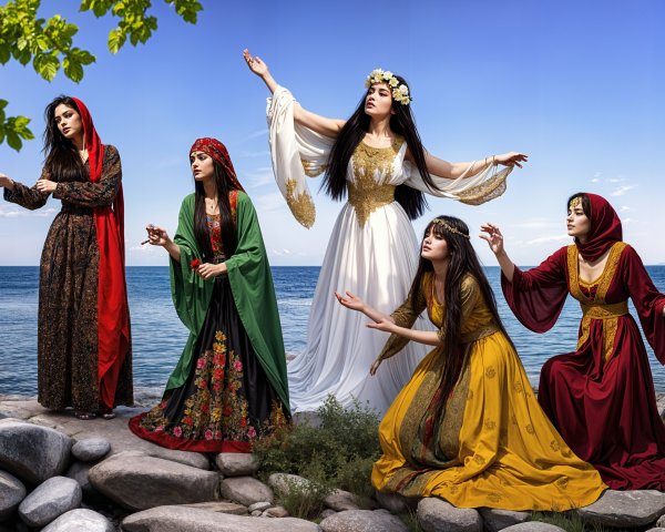 Women in Colorful Dresses by Tranquil Water Scene
