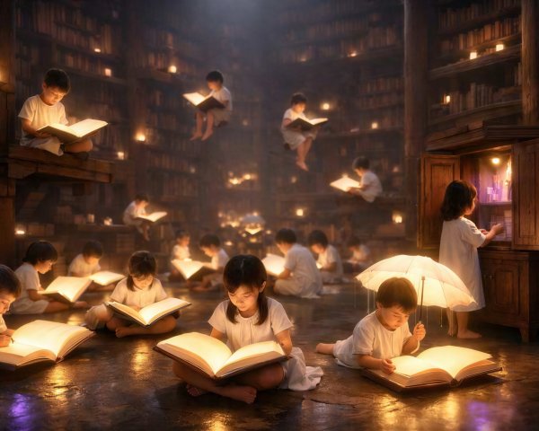Ancient library at night with children reading illuminated books