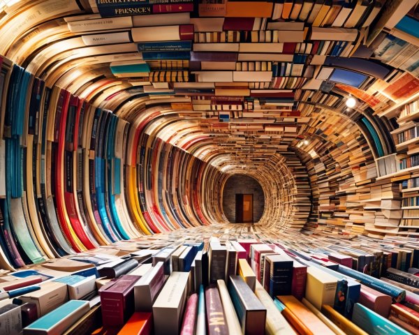 Spiral Library with Colorful Book Spines and Lighting