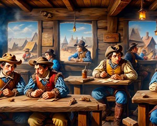 Rustic Tavern Atmosphere with Cowboys and Artifacts