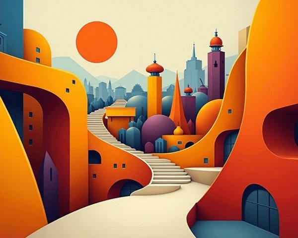 Vibrant Abstract Landscape with Unique Architecture