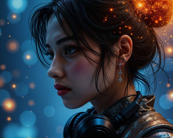 Young woman with modern hairstyle and headphones in blue bokeh