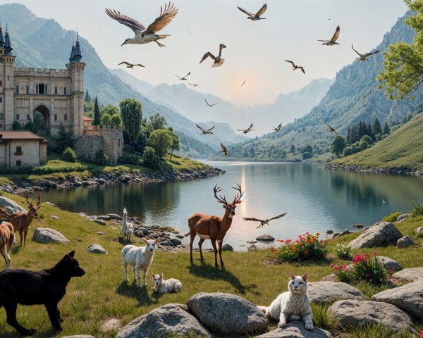 Majestic castle by tranquil lake in serene landscape