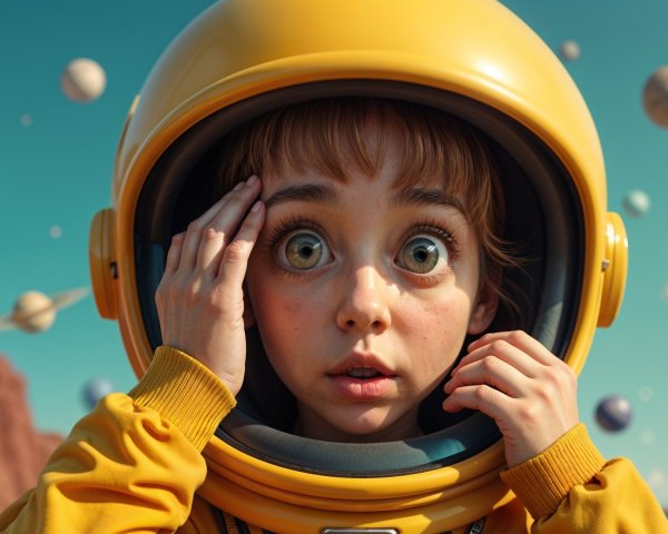 Young Child in Yellow Helmet Surrounded by Colorful Planets