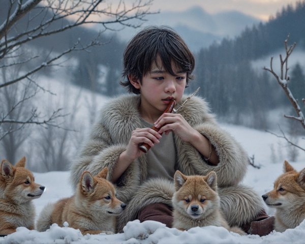 Child in fur coat playing flute in snowy landscape