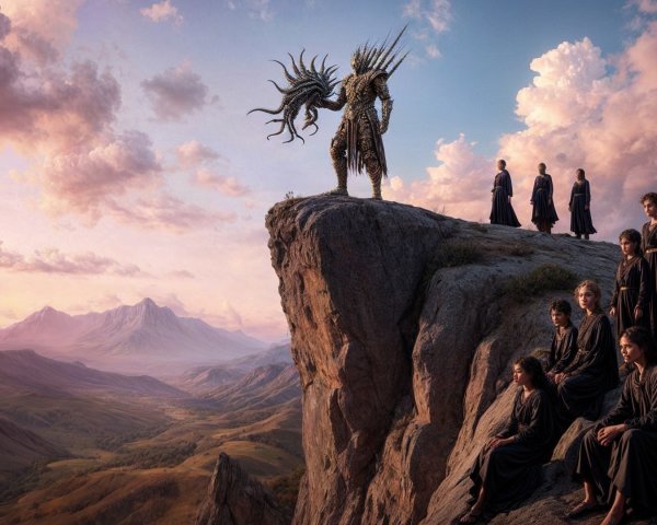 Dragon-like creature on cliff with robed figures below
