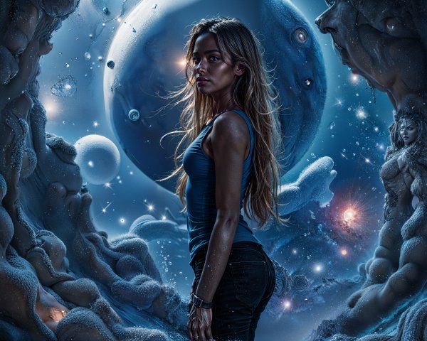 Mysterious Figure in Surreal Cosmic Landscape