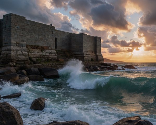 Weathered Stone Structure by Turquoise Ocean at Sunset