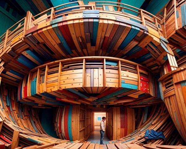 Whimsical Circular Architectural Space with Colorful Wood