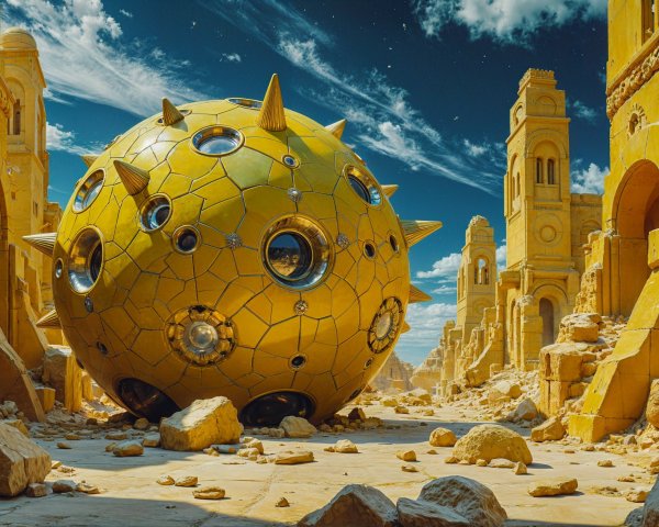 Futuristic Golden Sphere in Abandoned Stone Landscape