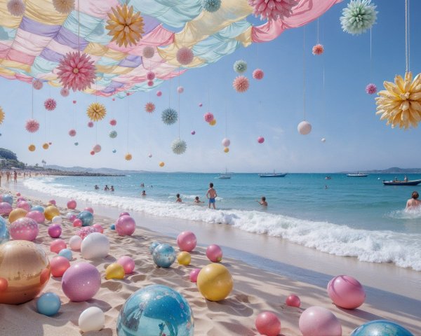 Vibrant Beach Scene with Colorful Decorations and Sunbathers