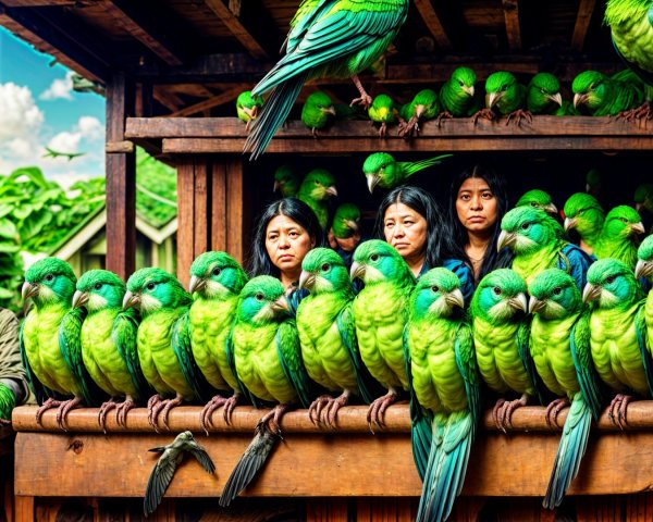 Women at a Stall Surrounded by Colorful Parrots