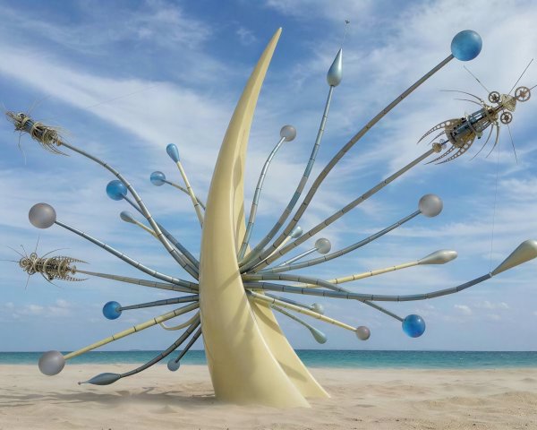 Tall Beige Sculpture with Decorative Rods Against Sky