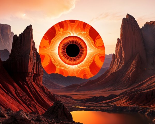 Surreal Landscape with Red Rocks and Abstract Eye