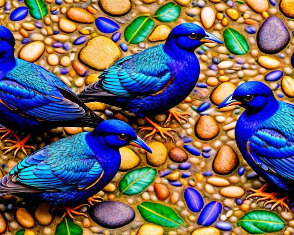 Vibrant Blue Birds on Colorful Pebbles and Leaves